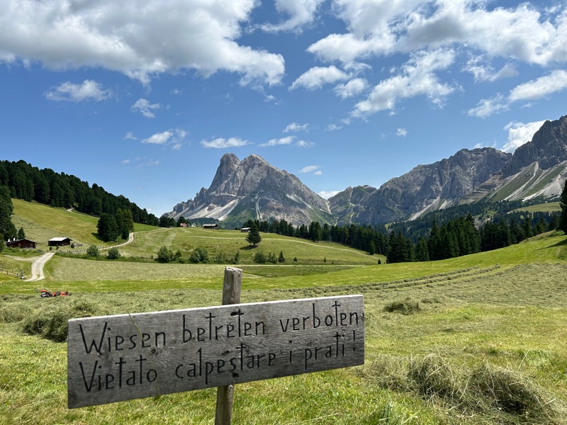 Dirigendosi verso la Schatzerhütte incontrerete anche grandi prati con vista sul Sass de Putia